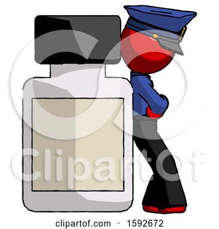 Red Police Man Leaning Against Large Medicine Bottle by Leo Blanchette