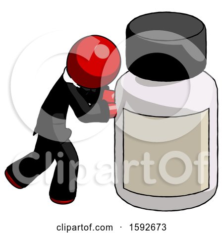 Red Clergy Man Pushing Large Medicine Bottle by Leo Blanchette