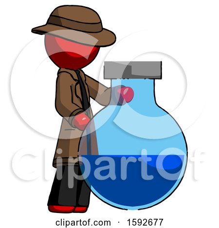 Red Detective Man Standing Beside Large Round Flask or Beaker by Leo Blanchette