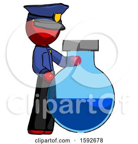 Red Police Man Standing Beside Large Round Flask or Beaker by Leo Blanchette