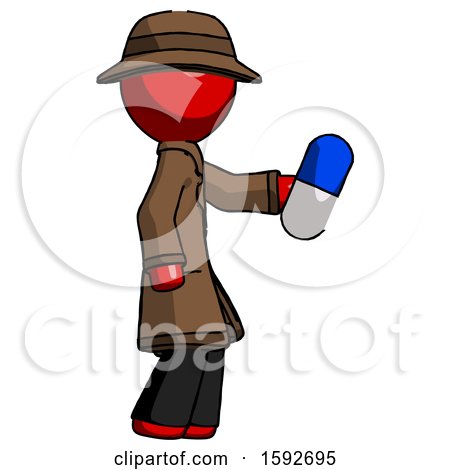 Red Detective Man Holding Blue Pill Walking to Right by Leo Blanchette