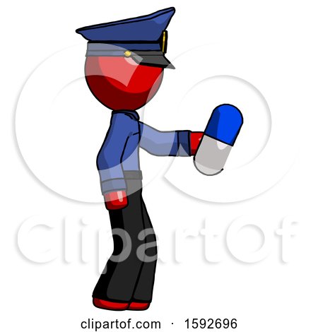Red Police Man Holding Blue Pill Walking to Right by Leo Blanchette