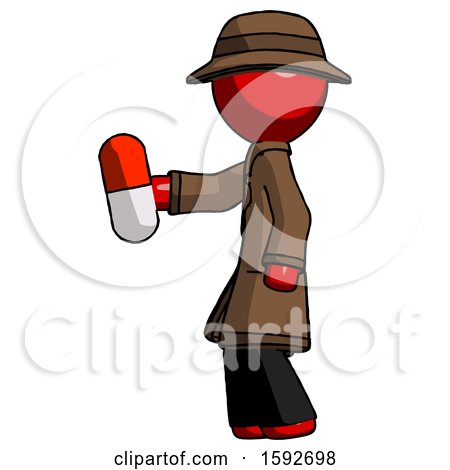 Red Detective Man Holding Red Pill Walking to Left by Leo Blanchette