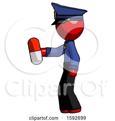 Red Police Man Holding Red Pill Walking to Left by Leo Blanchette