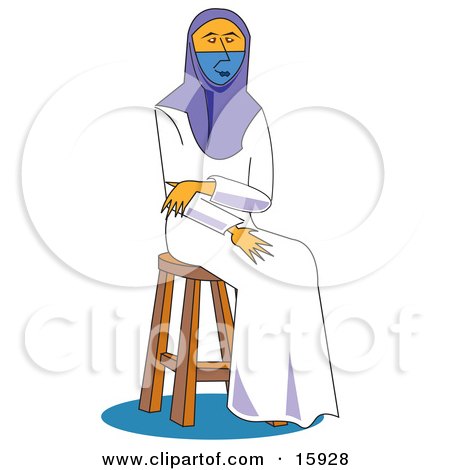 Islamic Woman In A White Dress, Her Face Covered In Niqab Veil, Sitting On A Stool Clipart Illustration by Andy Nortnik