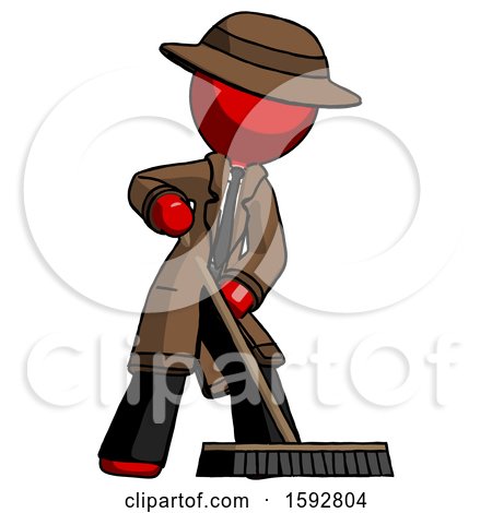 Red Detective Man Cleaning Services Janitor Sweeping Floor with Push Broom by Leo Blanchette