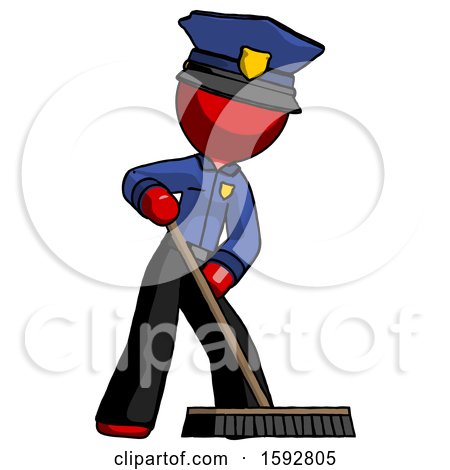 Red Police Man Cleaning Services Janitor Sweeping Floor with Push Broom by Leo Blanchette