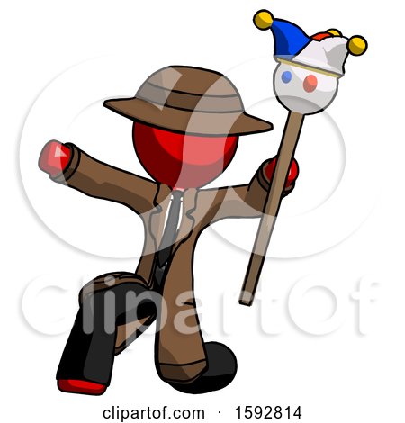 Red Detective Man Holding Jester Staff Posing Charismatically by Leo Blanchette