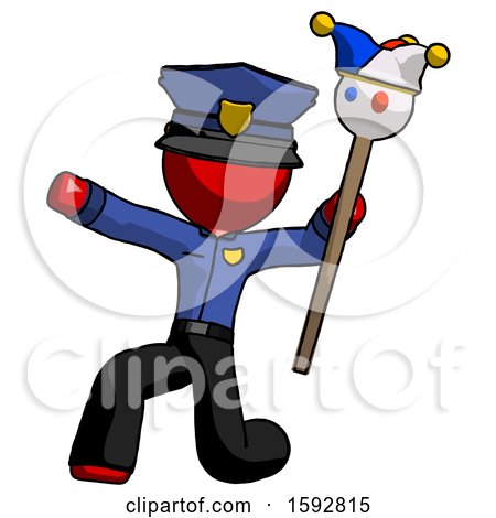 Red Police Man Holding Jester Staff Posing Charismatically by Leo Blanchette