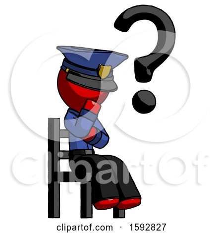 Red Police Man Question Mark Concept, Sitting on Chair Thinking by Leo Blanchette