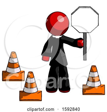 Red Clergy Man Holding Stop Sign by Traffic Cones Under Construction Concept by Leo Blanchette