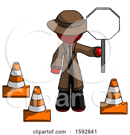 Red Detective Man Holding Stop Sign by Traffic Cones Under Construction Concept by Leo Blanchette