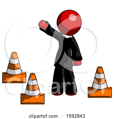 Red Clergy Man Standing by Traffic Cones Waving by Leo Blanchette