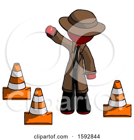 Red Detective Man Standing by Traffic Cones Waving by Leo Blanchette