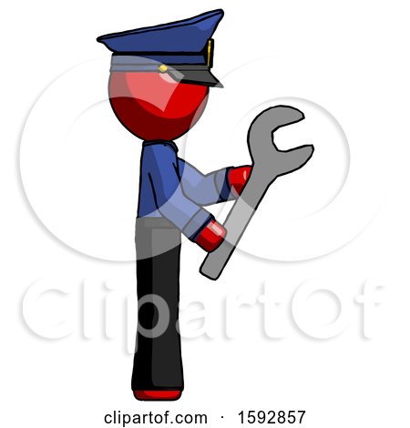Red Police Man Using Wrench Adjusting Something to Right by Leo Blanchette