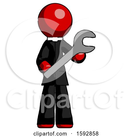 Red Clergy Man Holding Large Wrench with Both Hands by Leo Blanchette