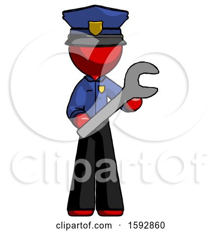 Red Police Man Holding Large Wrench with Both Hands by Leo Blanchette
