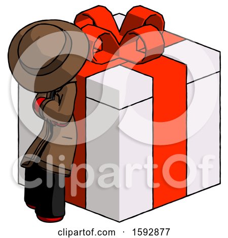 Red Detective Man Leaning on Gift with Red Bow Angle View by Leo Blanchette