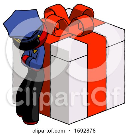 Red Police Man Leaning on Gift with Red Bow Angle View by Leo Blanchette
