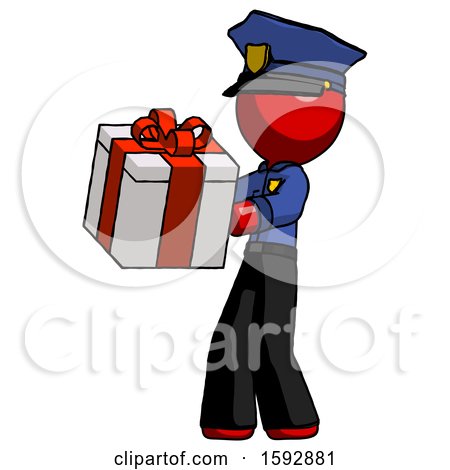 Red Police Man Presenting a Present with Large Red Bow on It by Leo Blanchette