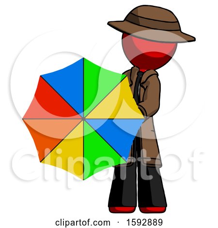 Red Detective Man Holding Rainbow Umbrella out to Viewer by Leo Blanchette