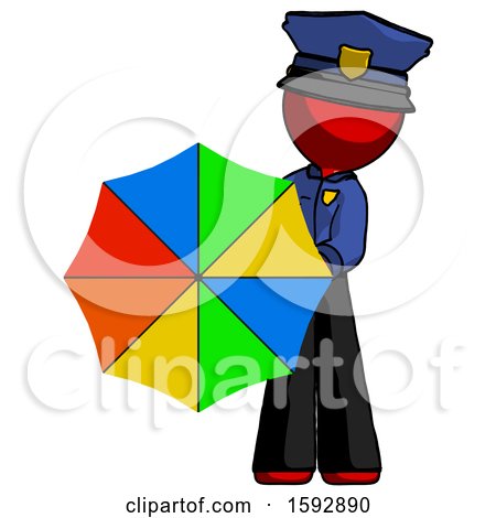 Red Police Man Holding Rainbow Umbrella out to Viewer by Leo Blanchette
