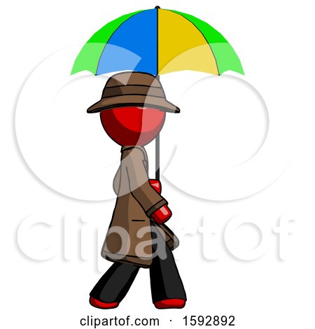 Red Detective Man Walking with Colored Umbrella by Leo Blanchette