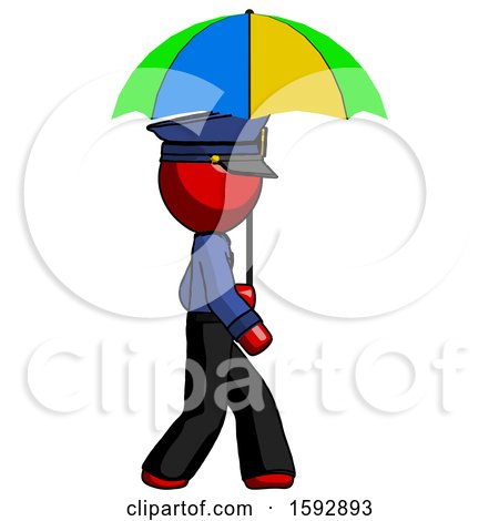 Red Police Man Walking with Colored Umbrella by Leo Blanchette