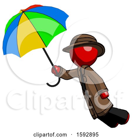 Red Detective Man Flying with Rainbow Colored Umbrella by Leo Blanchette
