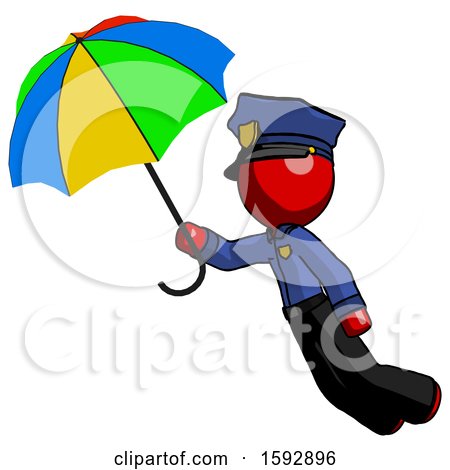 Red Police Man Flying with Rainbow Colored Umbrella by Leo Blanchette