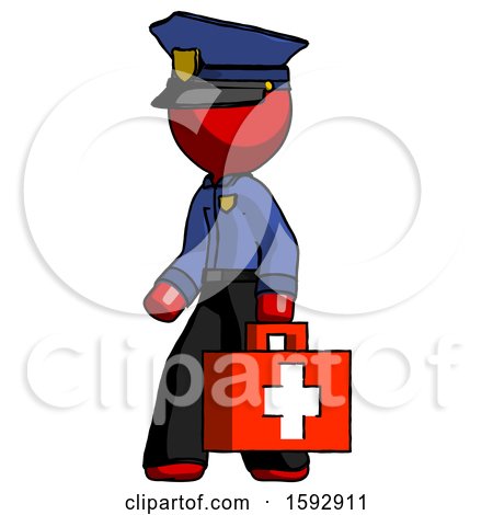 Red Police Man Walking with Medical Aid Briefcase to Left by Leo Blanchette