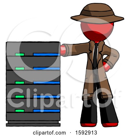 Red Detective Man with Server Rack Leaning Confidently Against It by Leo Blanchette