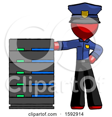 Red Police Man with Server Rack Leaning Confidently Against It by Leo Blanchette