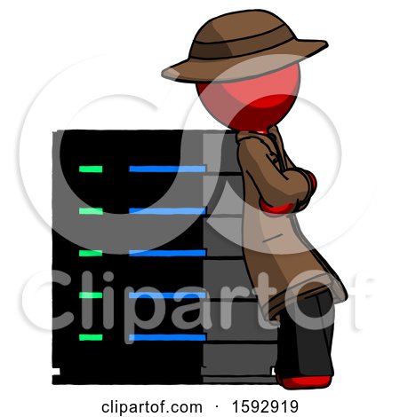 Red Detective Man Resting Against Server Rack Viewed at Angle by Leo Blanchette