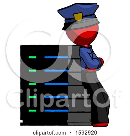 Red Police Man Resting Against Server Rack Viewed at Angle by Leo Blanchette