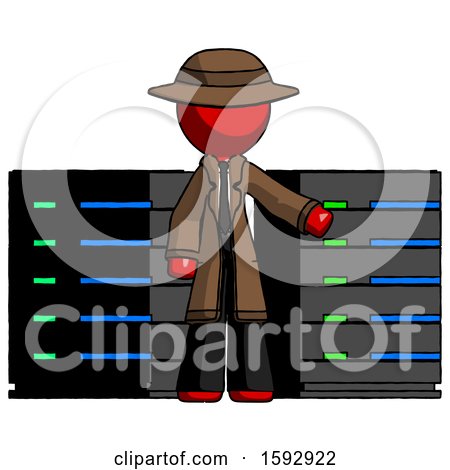 Red Detective Man with Server Racks, in Front of Two Networked Systems by Leo Blanchette