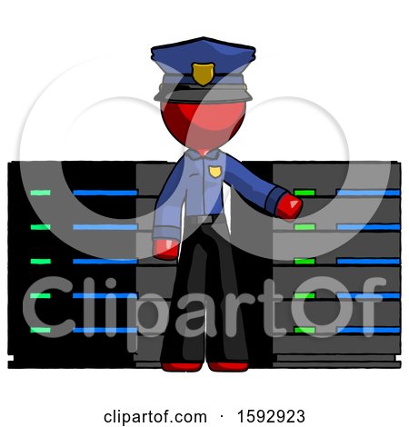 Red Police Man with Server Racks, in Front of Two Networked Systems by Leo Blanchette