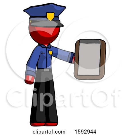 Red Police Man Showing Clipboard to Viewer by Leo Blanchette