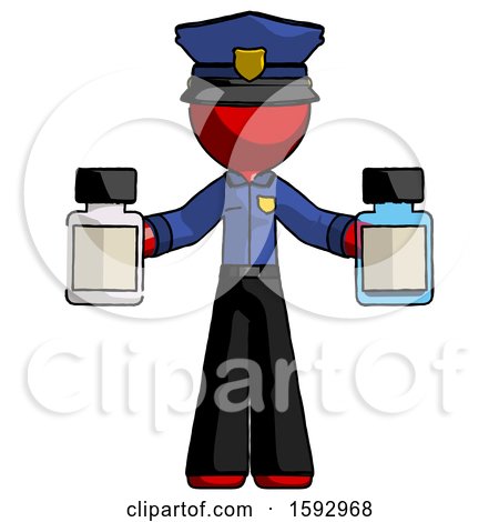 Red Police Man Holding Two Medicine Bottles by Leo Blanchette