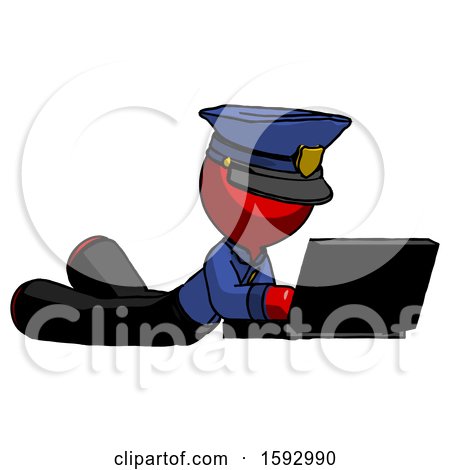Red Police Man Using Laptop Computer While Lying on Floor Side Angled View by Leo Blanchette
