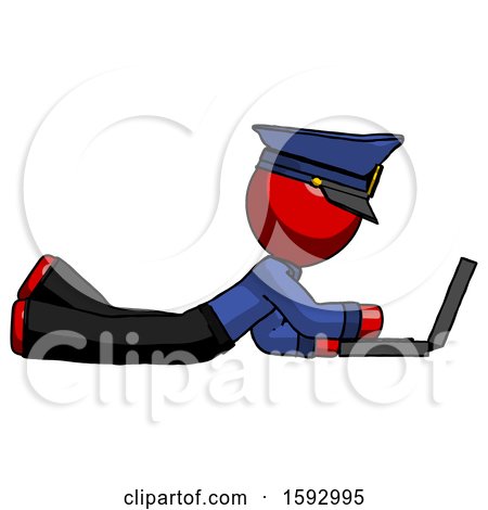 Red Police Man Using Laptop Computer While Lying on Floor Side View by Leo Blanchette