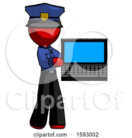 Red Police Man Holding Laptop Computer Presenting Something on Screen by Leo Blanchette