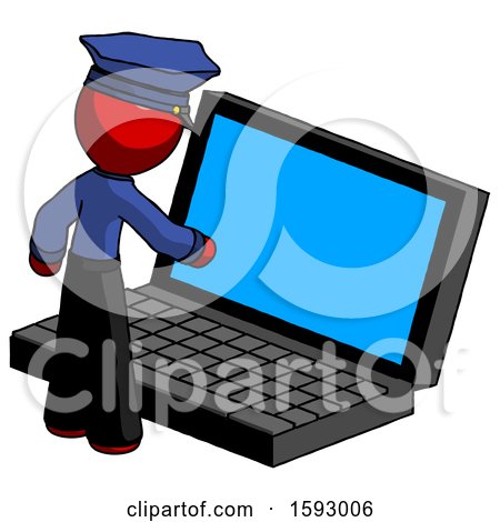 Red Police Man Using Large Laptop Computer by Leo Blanchette