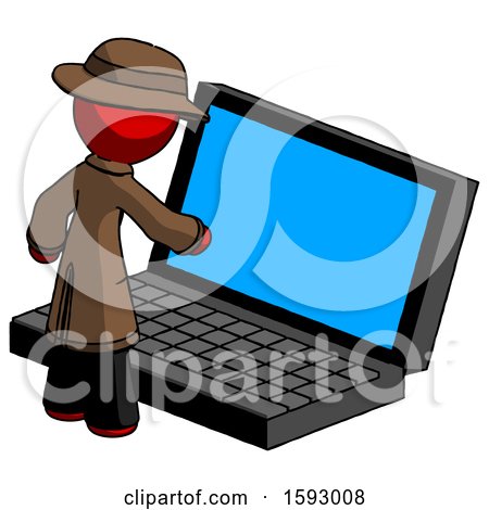 Red Detective Man Using Large Laptop Computer by Leo Blanchette