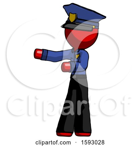 Red Police Man Presenting Something to His Right by Leo Blanchette