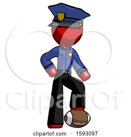 Red Police Man Standing with Foot on Football by Leo Blanchette