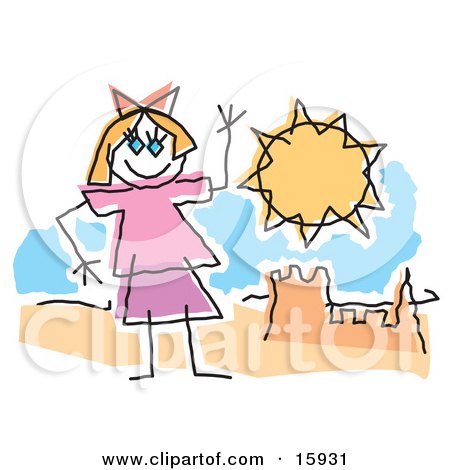 Childlike Drawing Of A Little Girl Waving And Playing By A Sandcastle On A Sunny Beach Clipart Illustration by Andy Nortnik