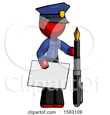 Red Police Man Holding Large Envelope and Calligraphy Pen by Leo Blanchette