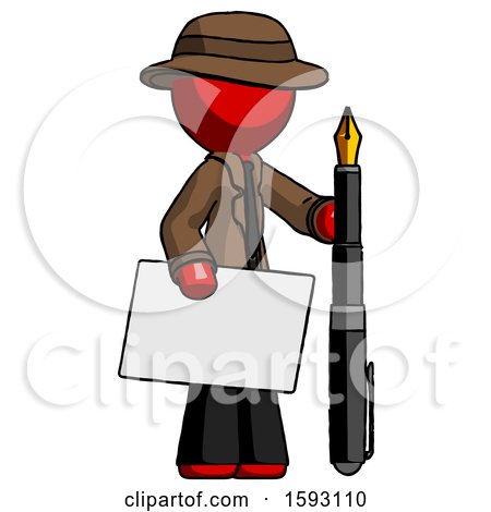 Red Detective Man Holding Large Envelope and Calligraphy Pen by Leo Blanchette