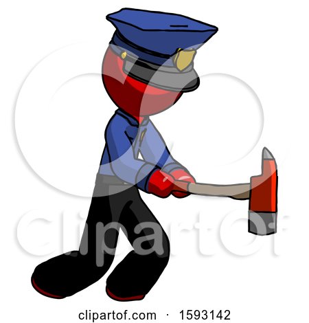 Red Police Man with Ax Hitting, Striking, or Chopping by Leo Blanchette